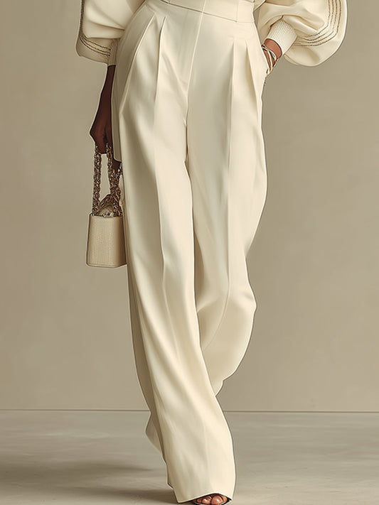 Women's Off-white Lightweight Woven Wide Leg Pants with High Waist & Loose Fit, Sophisticated Office Chic Trousers MDZ0856A8I
