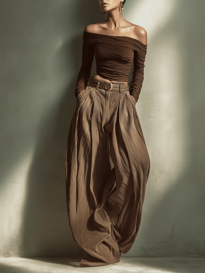 Women's Fashionable And Sexy Dark Brown Off-the-shoulder Long-sleeved Fitted Top Paired With Matching Wide-leg Trousers (belt Not Included) MDA1455K9AN
