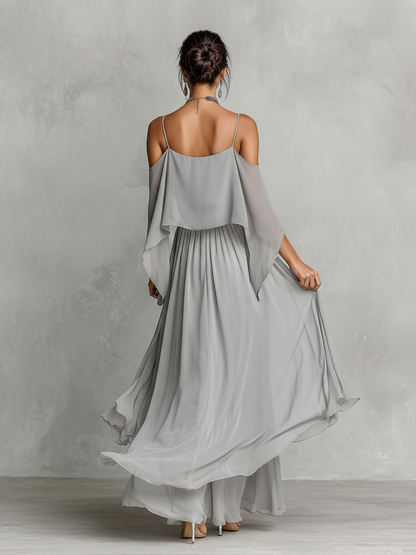 Women's Grey Breathable Chiffon Set With Cold-Shoulder Detail & Flared Silhouette, Contemporary Luxury-Feminine Style Set MDZ2651B6I